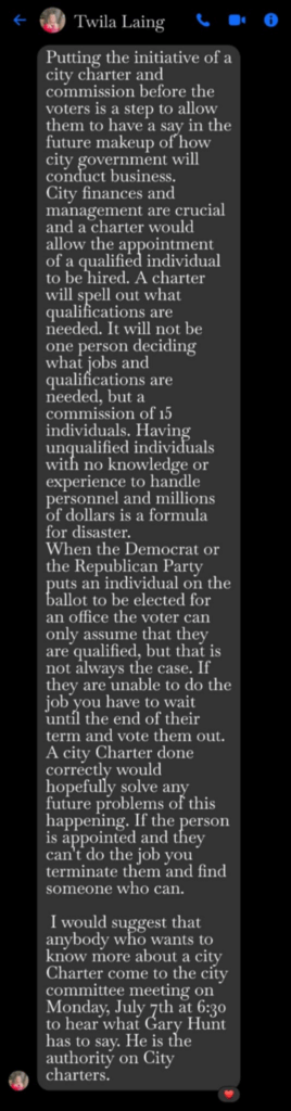 Twila Laing on Charter Initiative
