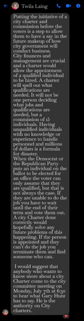 Twila Laing on Charter Initiative