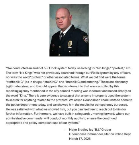 MARION POLICE DEPARTMENT DENIES USING FLOCK CAMERAS TO SPY ON PROTESTORS