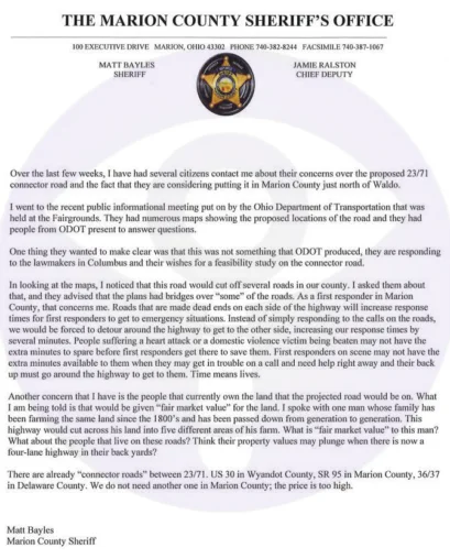 Marion County Sheriff Formally Opposes Proposed 23/71 Connector Project