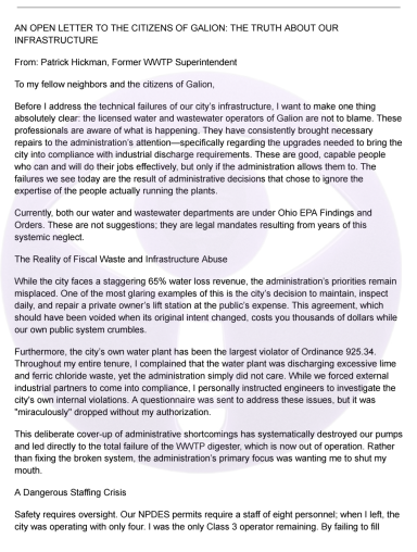A CLASS III CRISIS: Former Superintendent Patrick Hickman Open Letter to Citizens on Galion’s “Deliberate Cover-Ups” and Failing Infrastructure