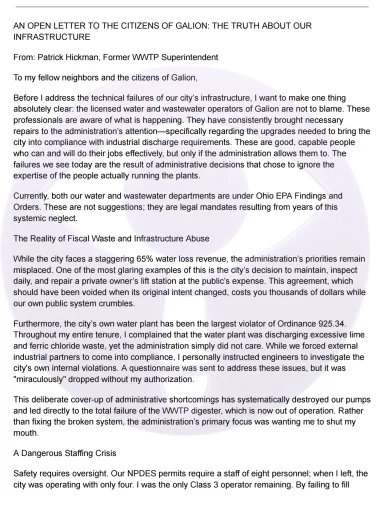 A CLASS III CRISIS: Former Superintendent Patrick Hickman Open Letter to Citizens on Galion’s “Deliberate Cover-Ups” and Failing Infrastructure