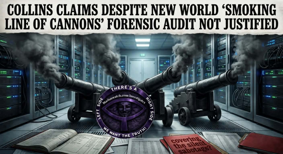 COLLINS CLAIMS DESPITE NEW WORLD “SMOKING LINE OF CANNONS” FORENSIC AUDIT NOT JUSTIFIED