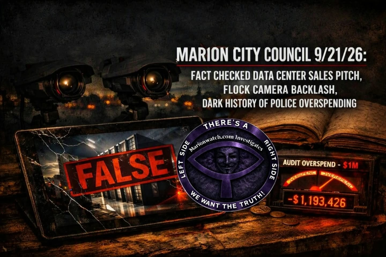 MARION CITY COUNCIL 9/21/26: FACT CHECKED DATA CENTER SALES PITCH, FLOCK CAMERA BACKLASH, DARK HISTORY OF POLICE OVERSPENDING